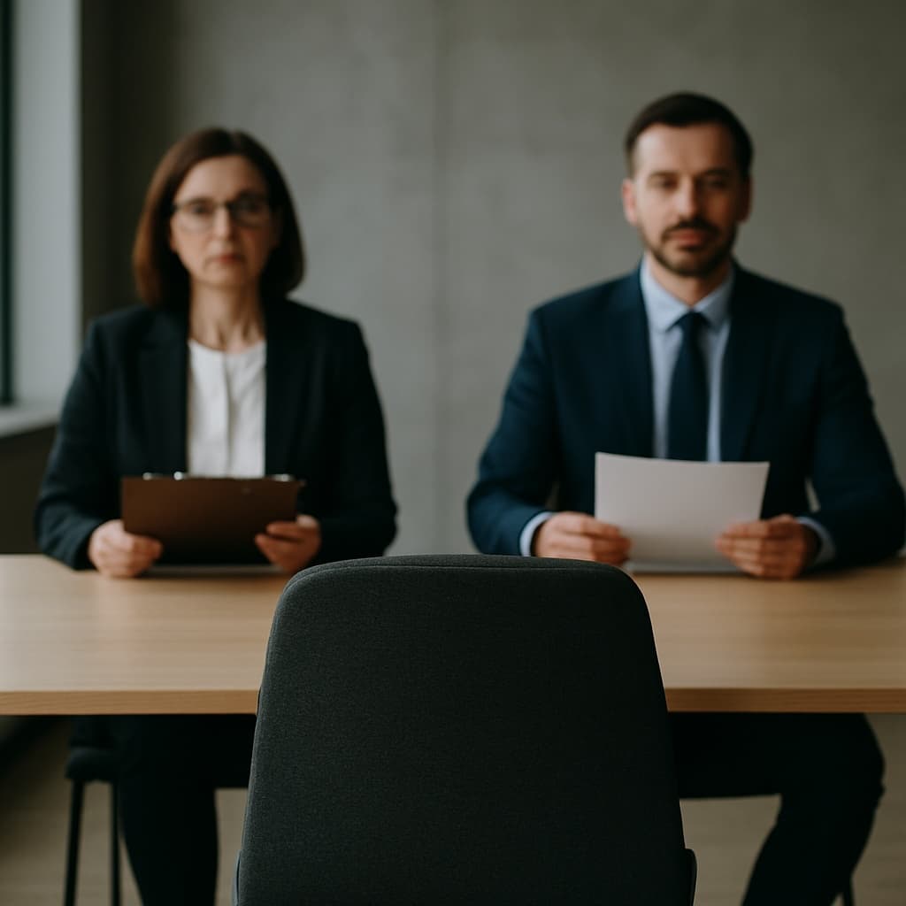 Two interviewers sit behind a desk, facing an empty chair.