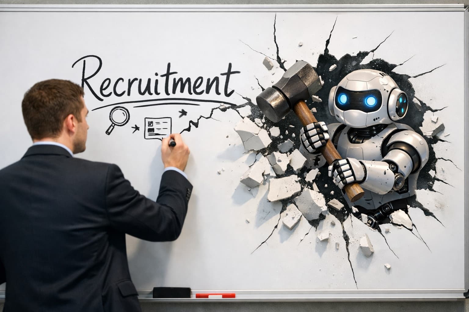 A man in a suit writes "Recruitment" on a whiteboard while a cartoon robot smashes through the wall beside him with a hammer.