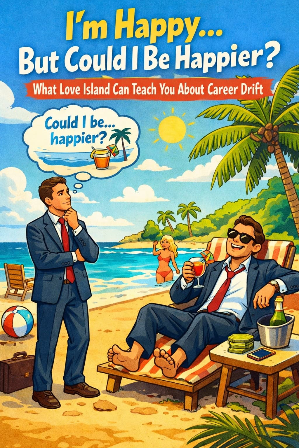 Cartoon captioned "I'm Happy... But Could I Be Happier? What Love Island Can Teach You About Career Drift". A suited man stands on a beach, thought bubble reading "Could I be... happier?", while a second suited man lounges on a sunbed with a cocktail.