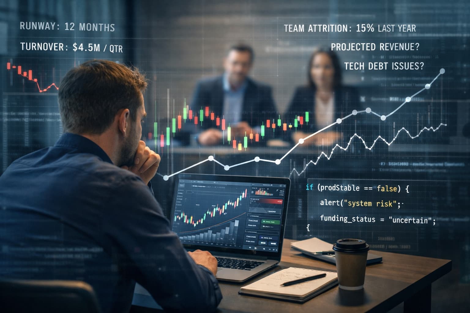 A man studies a laptop while financial charts and figures hang in the air around him: runway 12 months, turnover $4.5m per quarter, team attrition 15% last year.