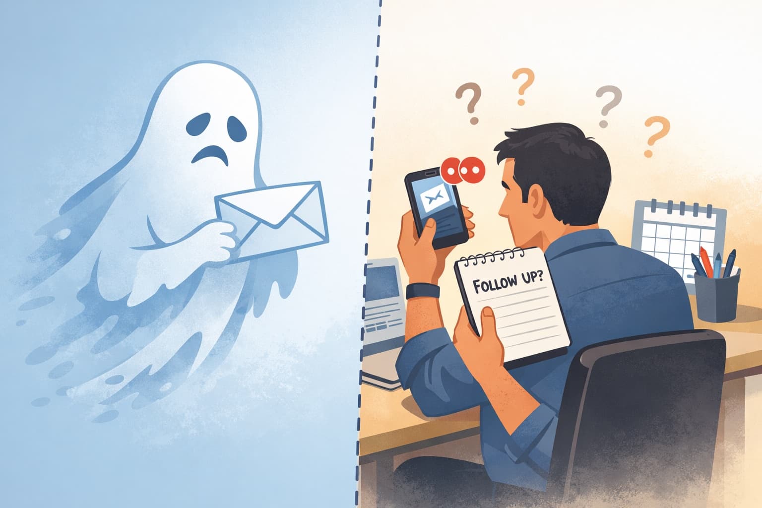 A split illustration. On the left, a sad ghost holds an envelope. On the right, a man at his desk stares at his phone with question marks above his head and a notepad reading "Follow up?".