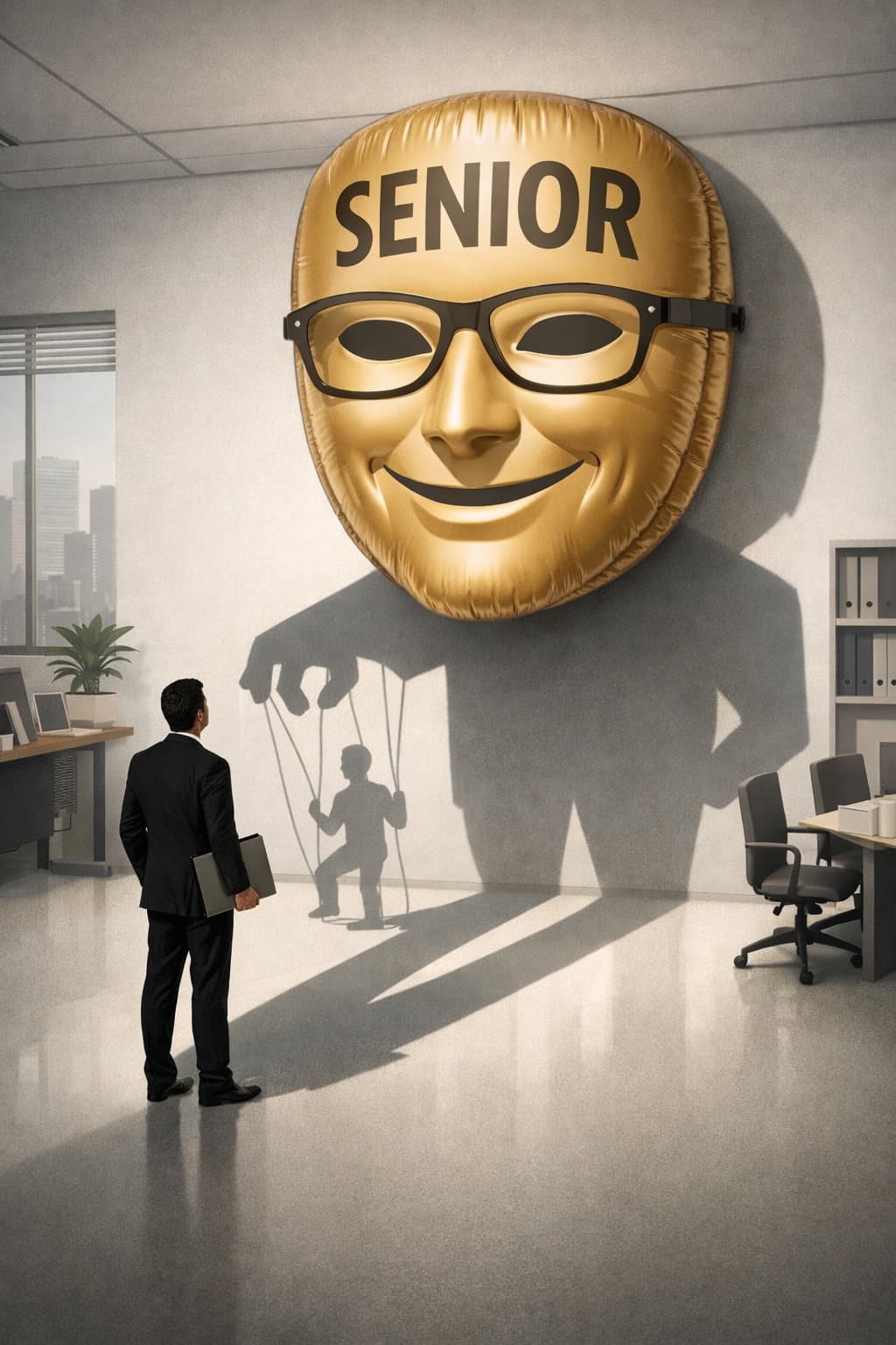 A man carrying a laptop looks up at a large golden smiling mask labelled "Senior" mounted on an office wall. Its shadow works a small puppet on strings.