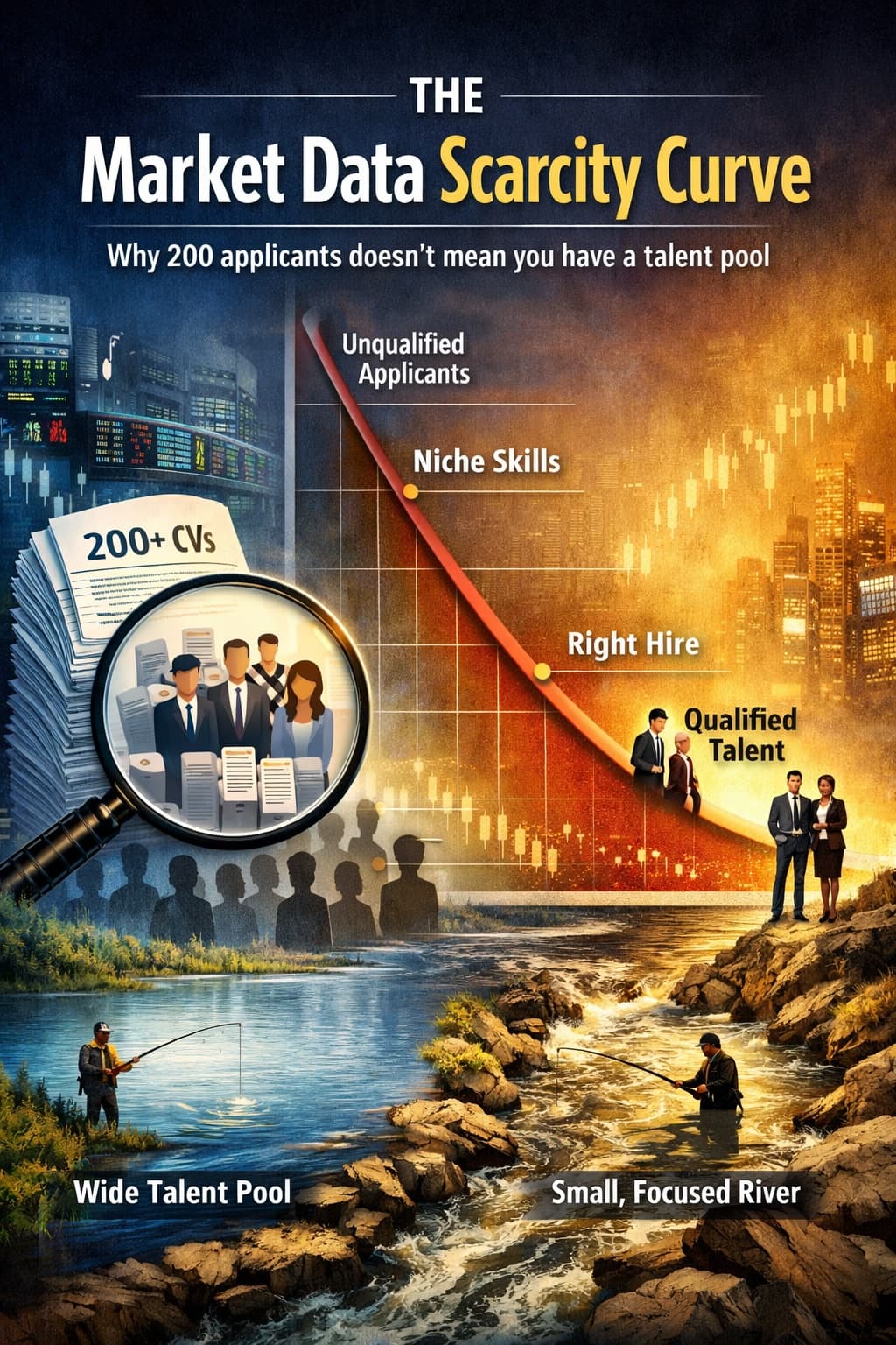 Poster titled "The Market Data Scarcity Curve: Why 200 applicants doesn't mean you have a talent pool". A curve falls from unqualified applicants through niche skills to qualified talent, above two anglers, one at a wide pool and one at a small focused river.