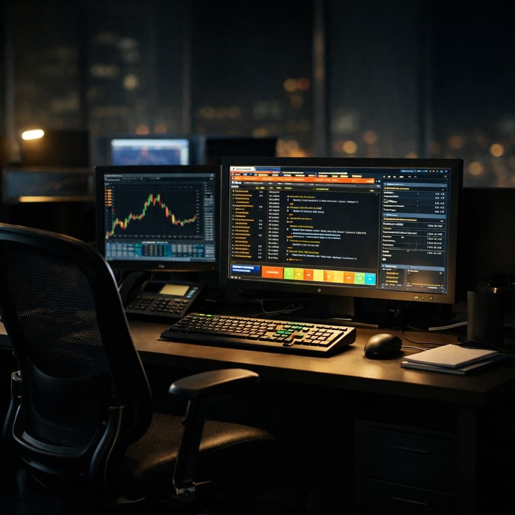 A trading desk at night, lit by two monitors showing a candlestick chart and a data terminal, with a city skyline behind.