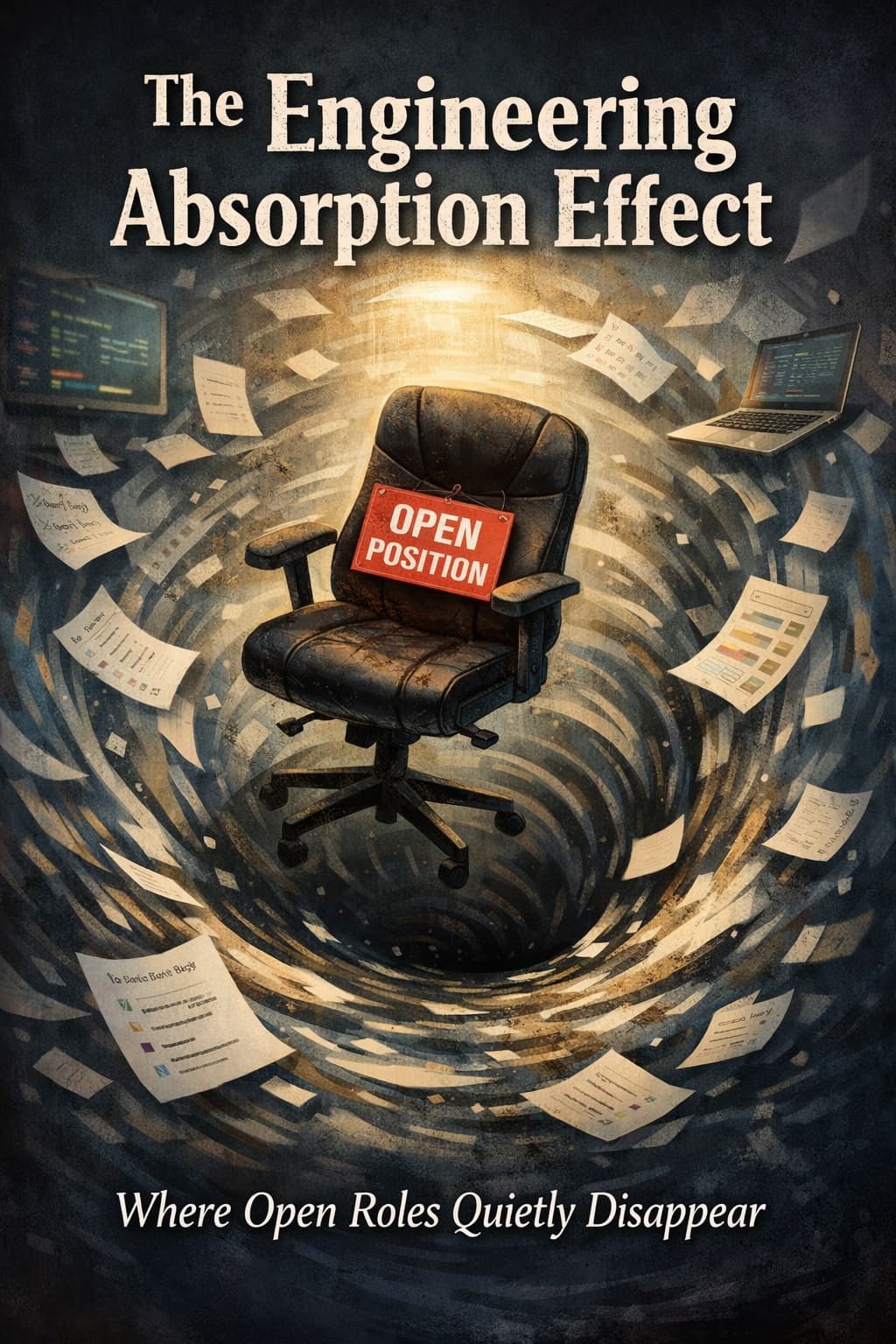 Poster titled "The Engineering Absorption Effect: Where Open Roles Quietly Disappear". An office chair hung with an "Open Position" sign spirals down a vortex of paperwork.